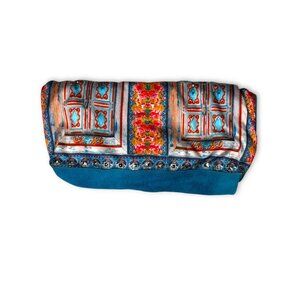 Khaadi Teal Leather Fold Over Bag Floral Lined Magnetic Closure Boho Modern